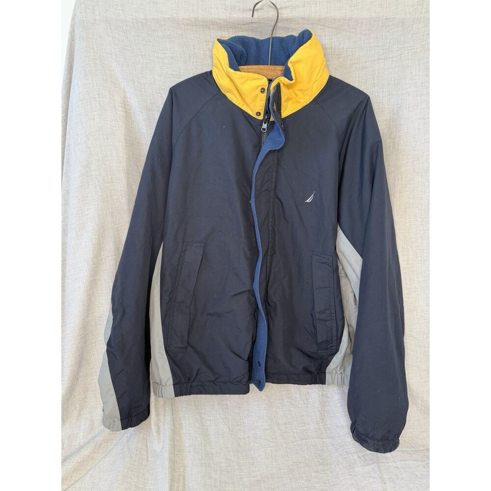 Vintage Nautica Reversible Jacket Men's L Blue Yellow Coat With Packable Hood